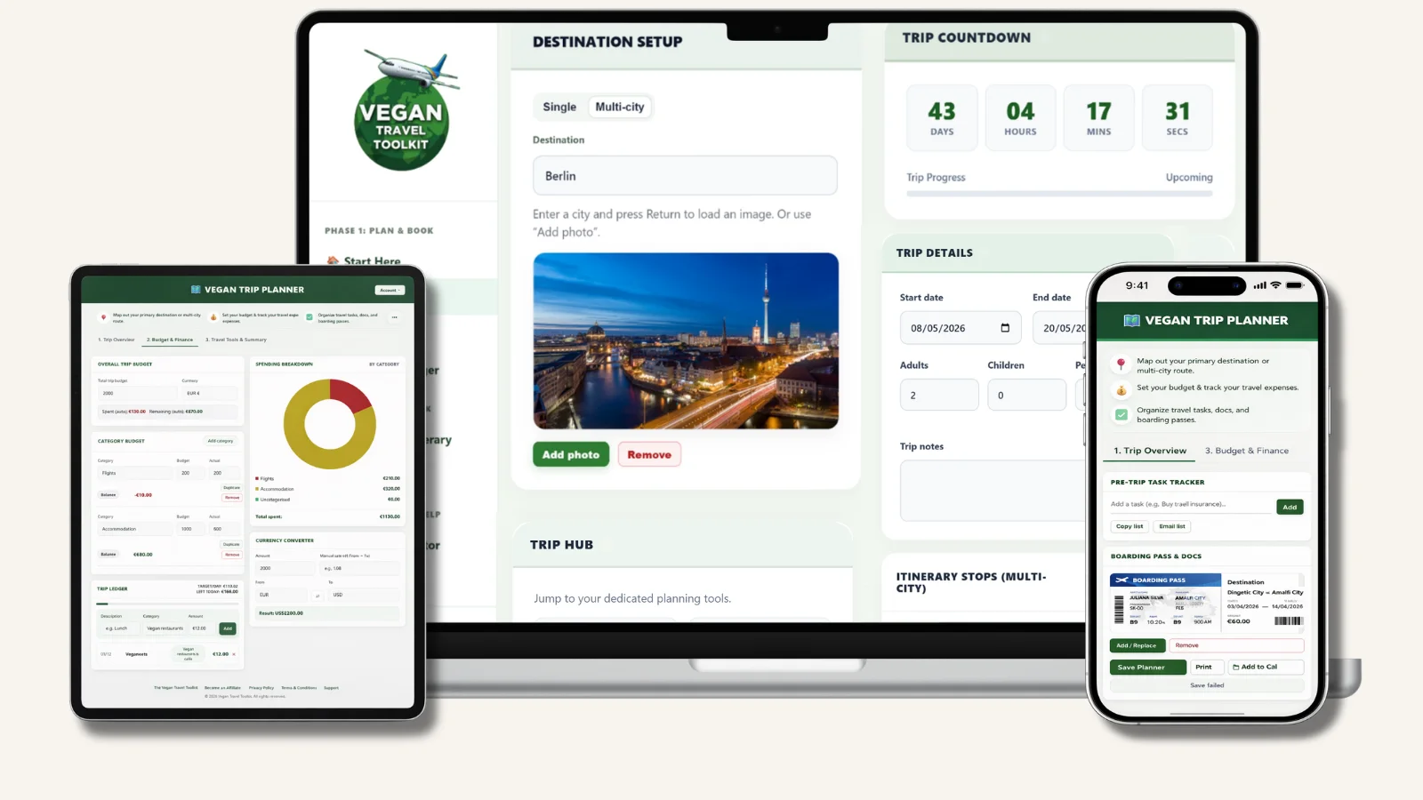 Vegan Travel Toolkit planner overview across desktop tablet and phone
